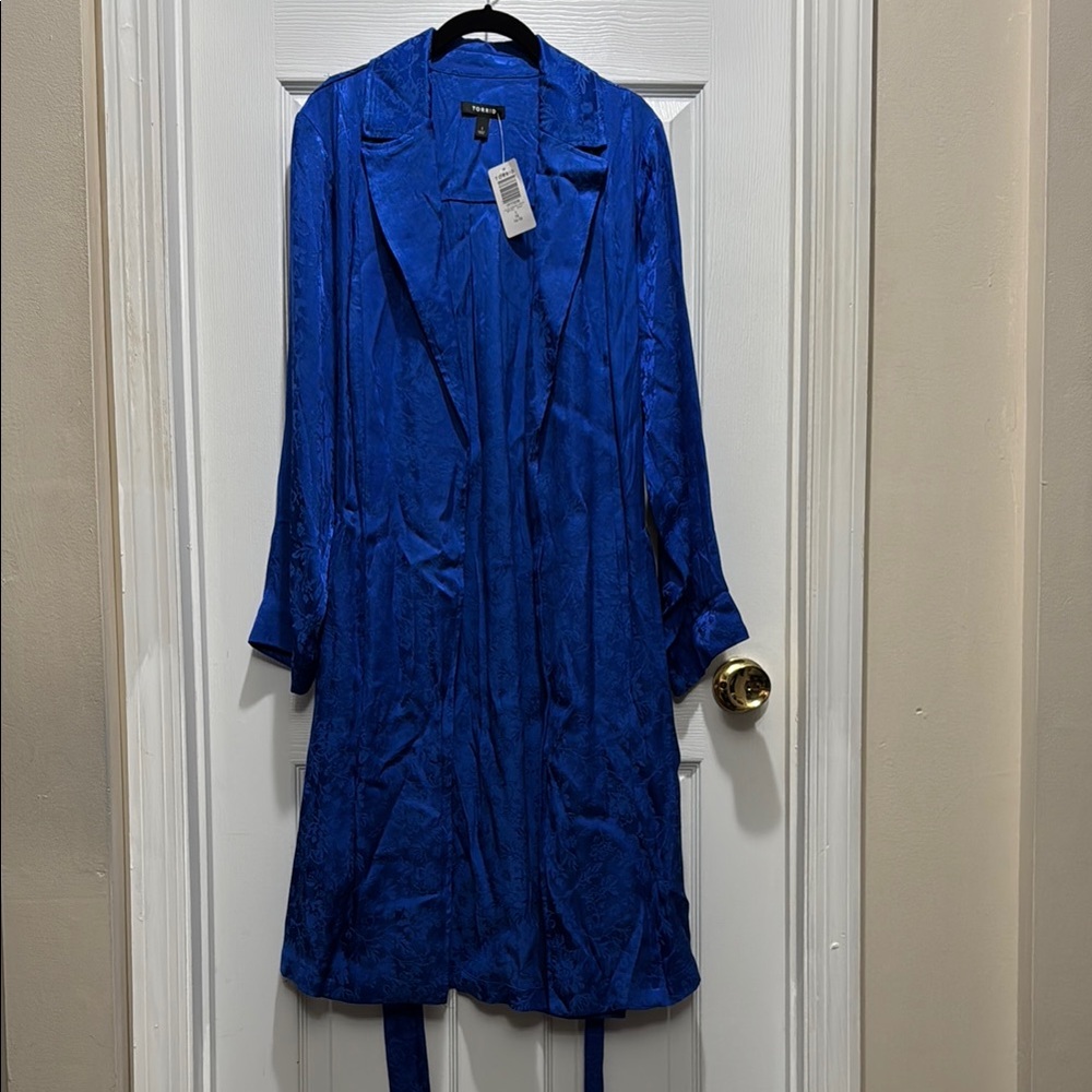 Torrid Blue Jacquard Trench-style Evening Coat with Lapel Collar and Tie Belt